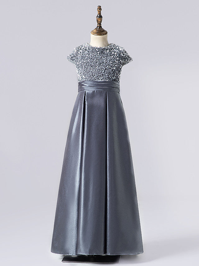 Column Cap Sleeve Jewel Neck Satin Flower Girl Dress with Pleats-BallBride