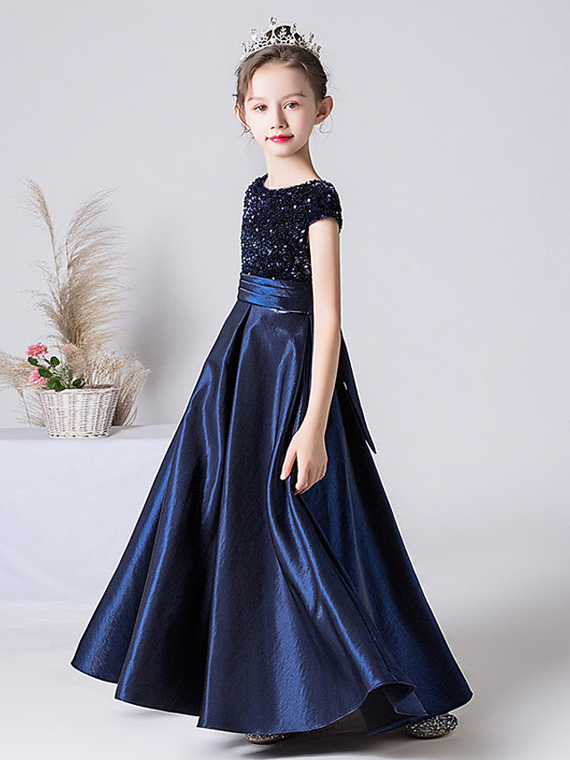 Column Cap Sleeve Jewel Neck Satin Flower Girl Dress with Pleats-BallBride