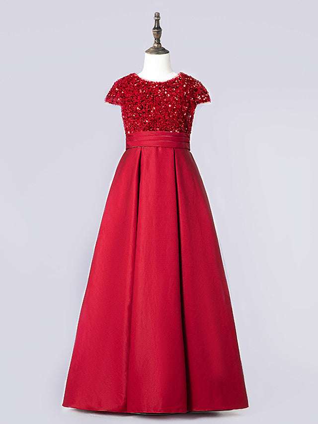 Column Cap Sleeve Jewel Neck Satin Flower Girl Dress with Pleats-BallBride