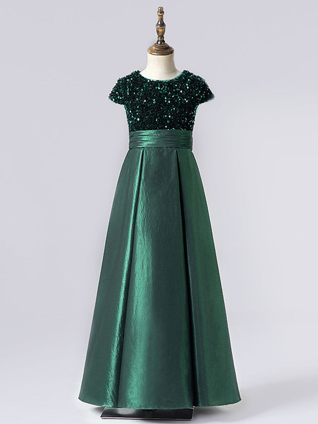 Column Cap Sleeve Jewel Neck Satin Flower Girl Dress with Pleats-BallBride