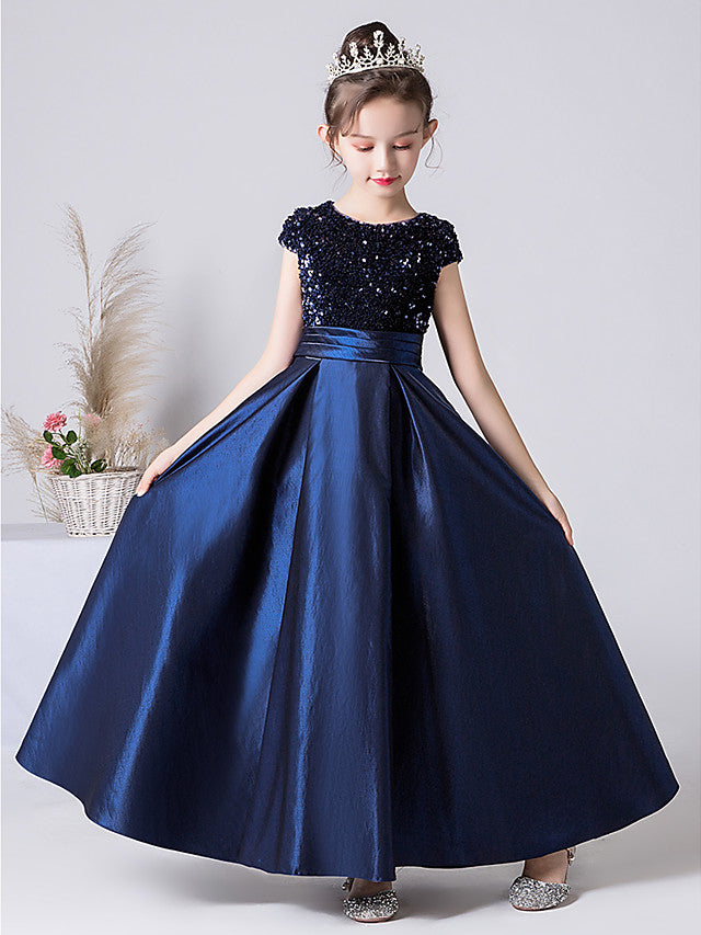 Column Cap Sleeve Jewel Neck Satin Flower Girl Dress with Pleats-BallBride