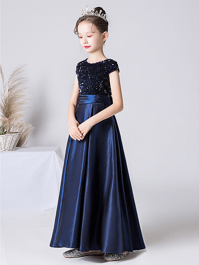 Column Cap Sleeve Jewel Neck Satin Flower Girl Dress with Pleats-BallBride