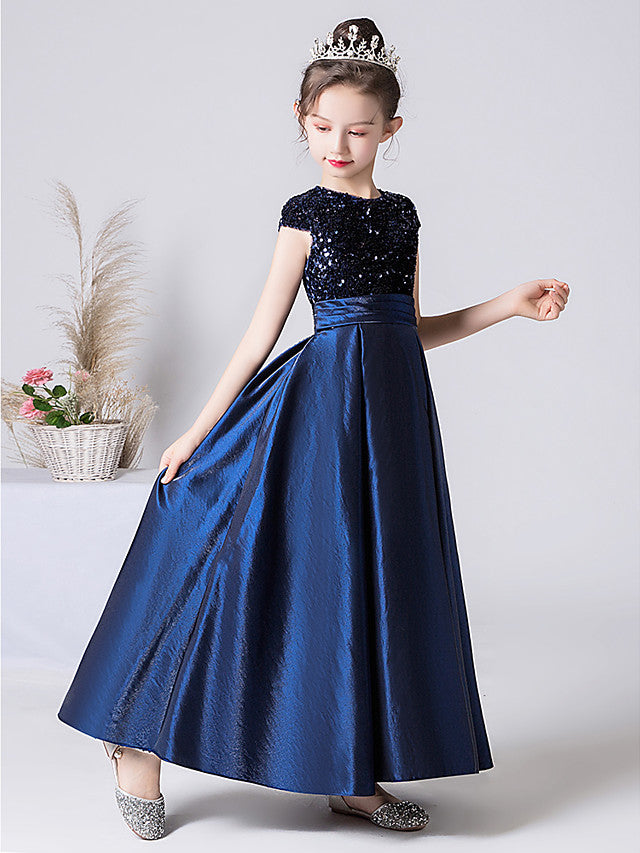 Column Cap Sleeve Jewel Neck Satin Flower Girl Dress with Pleats-BallBride