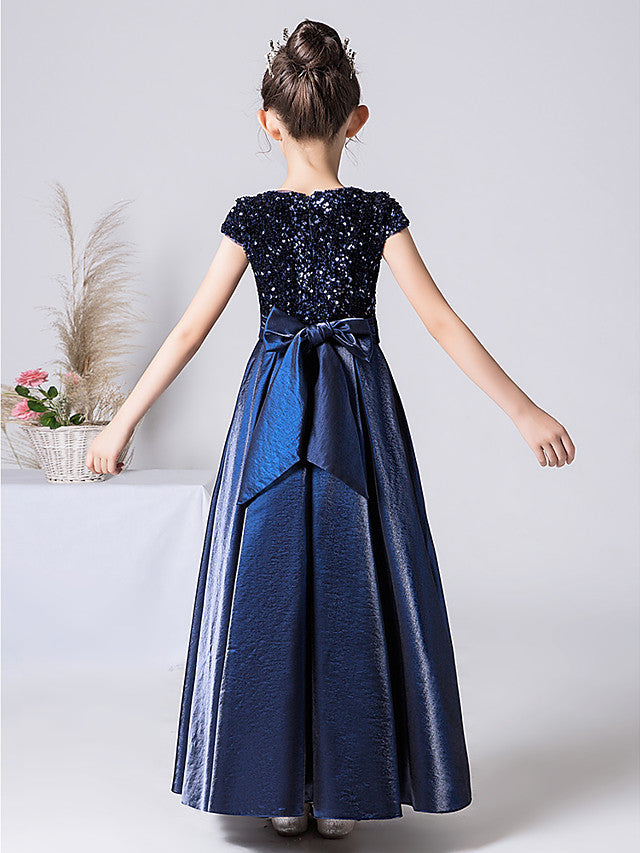 Column Cap Sleeve Jewel Neck Satin Flower Girl Dress with Pleats-BallBride