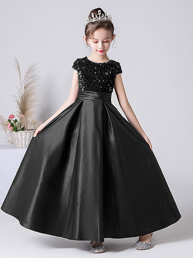 Column Cap Sleeve Jewel Neck Satin Flower Girl Dress with Pleats-BallBride