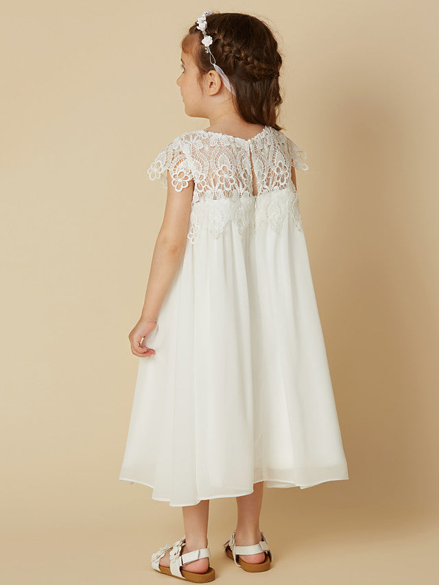 Column Short Sleeve Scoop Neck Lace Flower Girl Dresses-BallBride