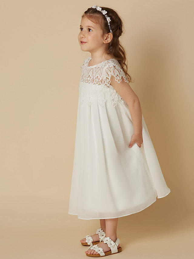Column Short Sleeve Scoop Neck Lace Flower Girl Dresses-BallBride