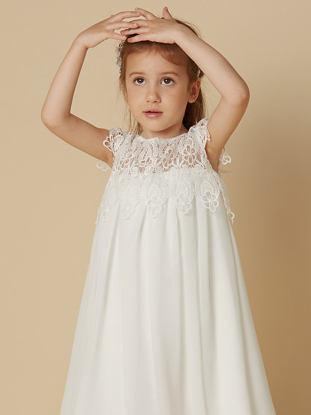 Column Short Sleeve Scoop Neck Lace Flower Girl Dresses-BallBride