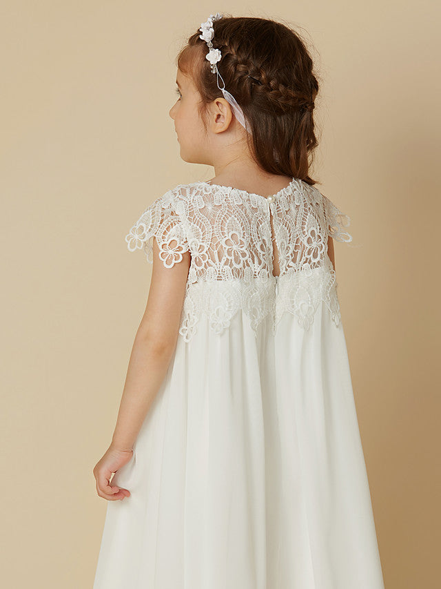 Column Short Sleeve Scoop Neck Lace Flower Girl Dresses-BallBride