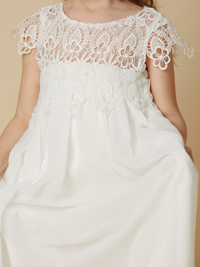 Column Short Sleeve Scoop Neck Lace Flower Girl Dresses-BallBride