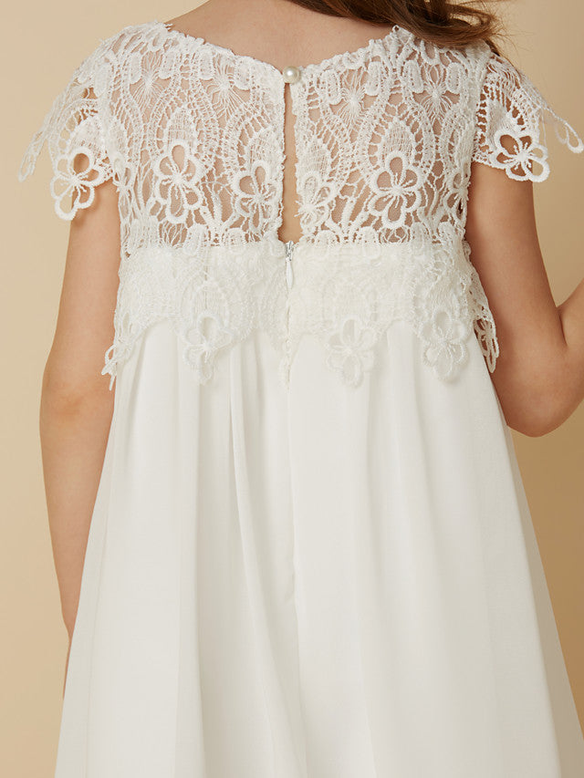 Column Short Sleeve Scoop Neck Lace Flower Girl Dresses-BallBride