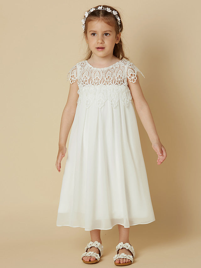 Column Short Sleeve Scoop Neck Lace Flower Girl Dresses-BallBride