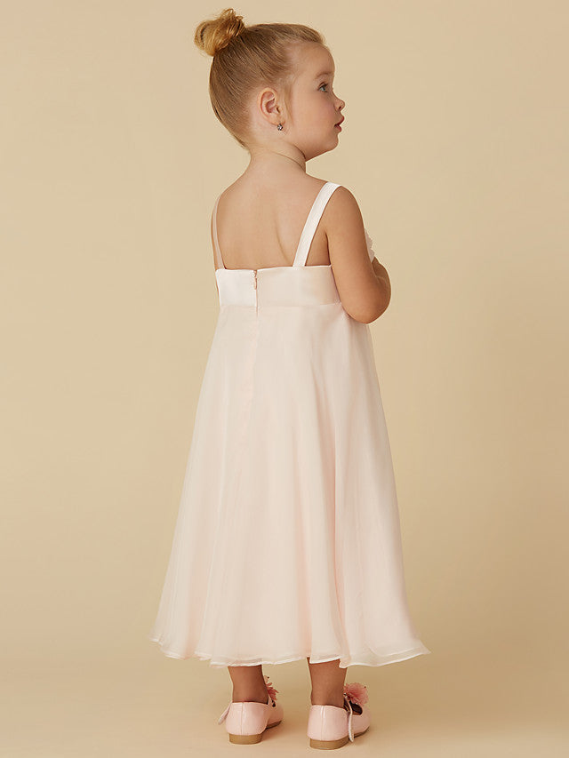 Column Sleeveless Straps Tea Length Flower Girl Dress in Chiffon with Handmade Flower-BallBride