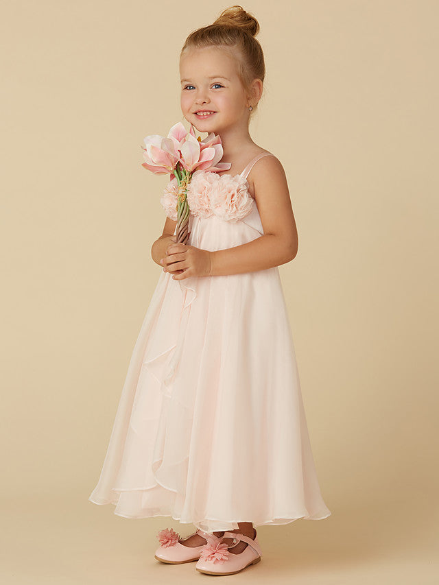 Column Sleeveless Straps Tea Length Flower Girl Dress in Chiffon with Handmade Flower-BallBride