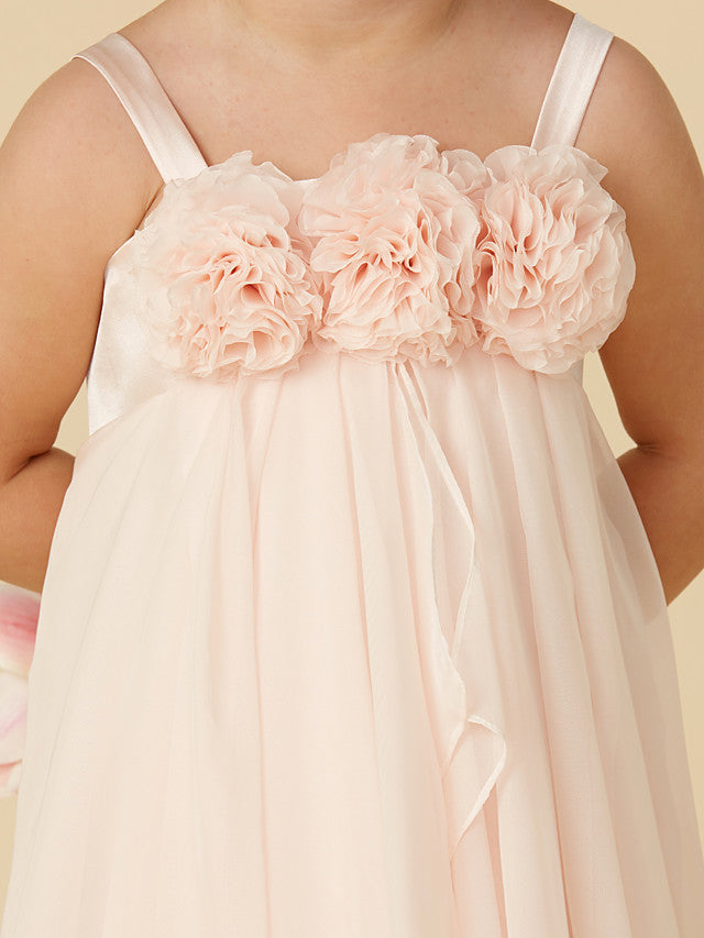 Column Sleeveless Straps Tea Length Flower Girl Dress in Chiffon with Handmade Flower-BallBride