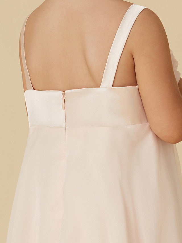 Column Sleeveless Straps Tea Length Flower Girl Dress in Chiffon with Handmade Flower-BallBride