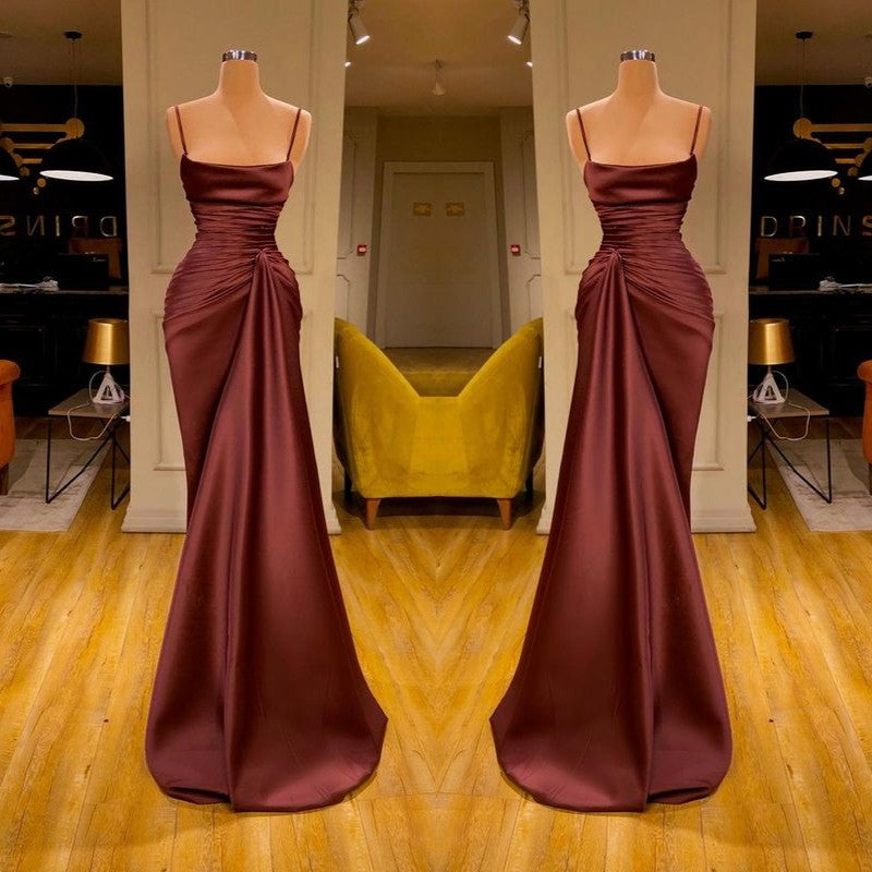 Cool Burgundy Sheath Spaghetti Strap Ruffles Prom Dress-BallBride