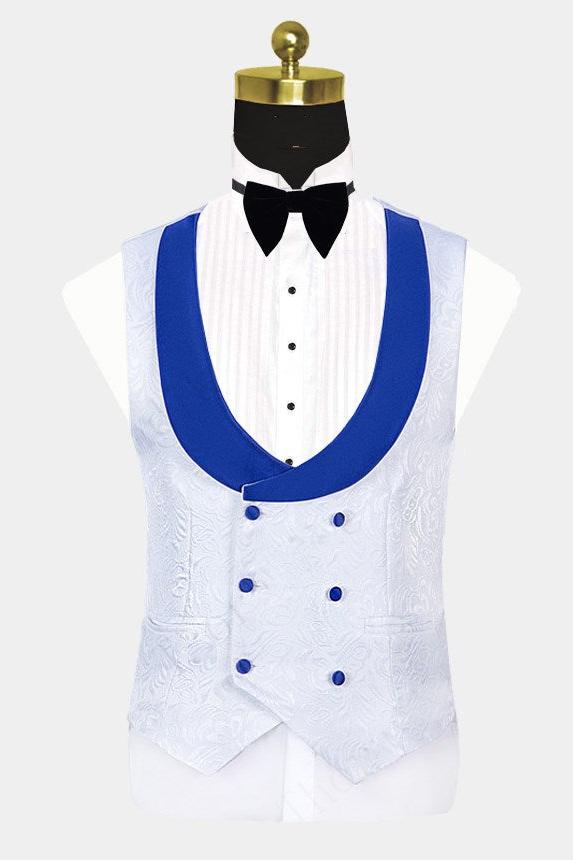 Cool White Jacquard Wedding Tuxedo with Blue Shawl Lapel-BallBride