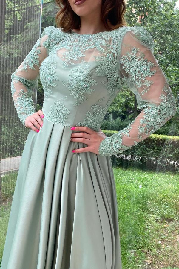 Crew Neck A-Line Long Sleeve Appliques Lace Satin Prom Dress with Slit-BallBride