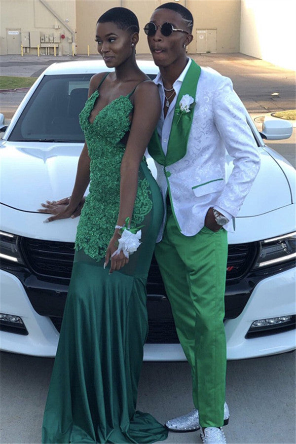 Custom Prom Suit - Amazing Green Lapel, One Button with White Jacquard-BallBride