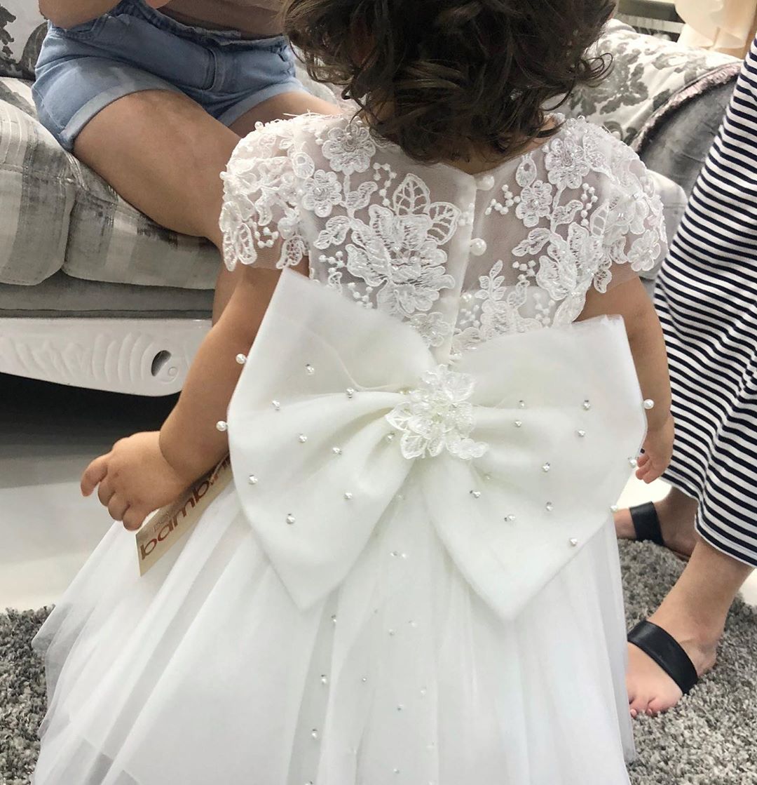 Cute A-line Bateau Flower Girl Dress with Bowknot Pearls Appliques-BallBride