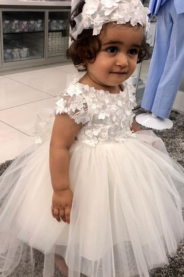 Cute A-line Bateau Flower Girl Dress with Bowknot Pearls Appliques-BallBride