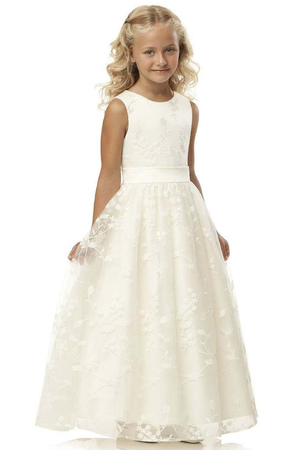 Cute A-line Jewel Sleeveless Floor Length Flower Girl Dress with Lace & Ribbons-BallBride