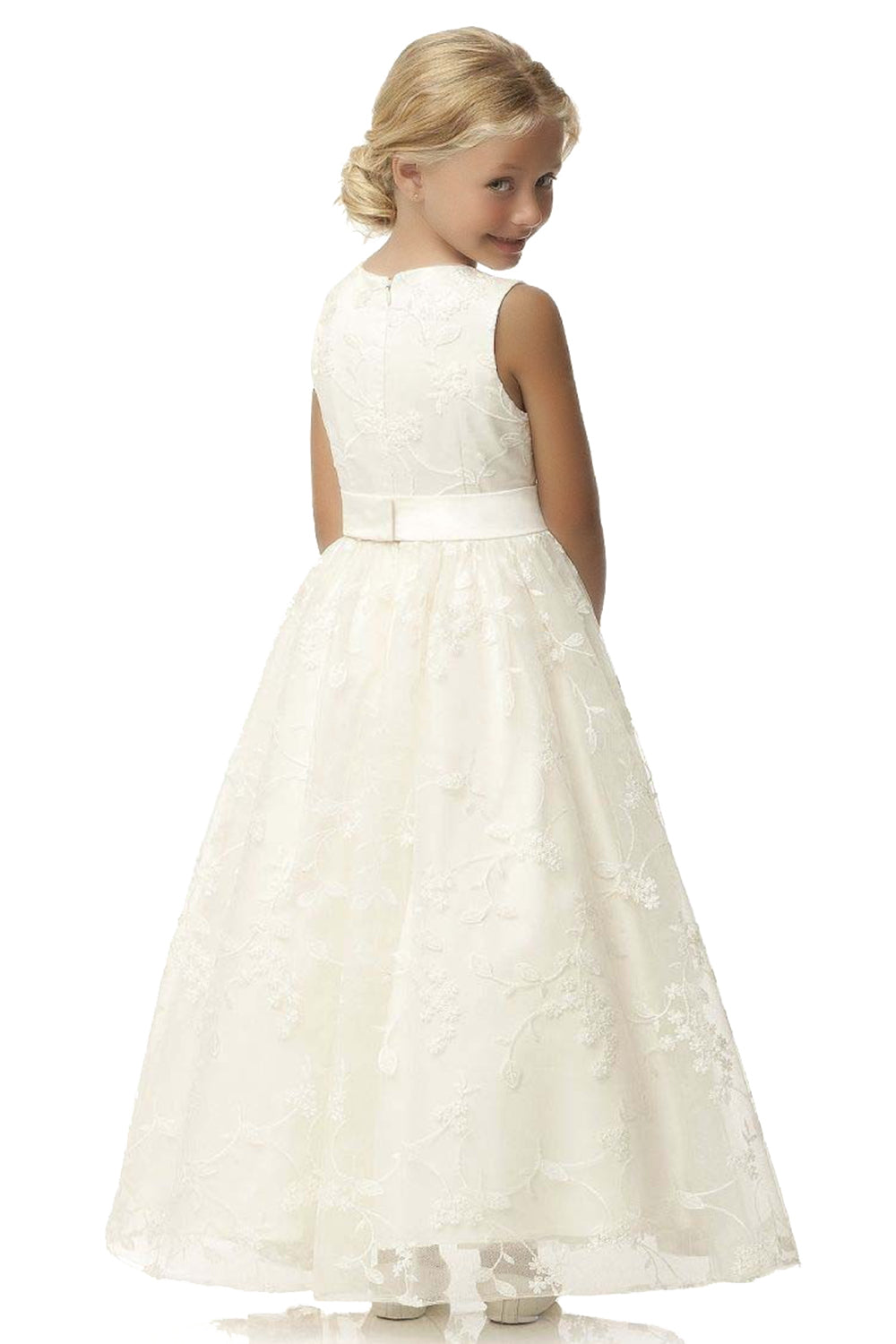 Cute A-line Jewel Sleeveless Floor Length Flower Girl Dress with Lace & Ribbons-BallBride