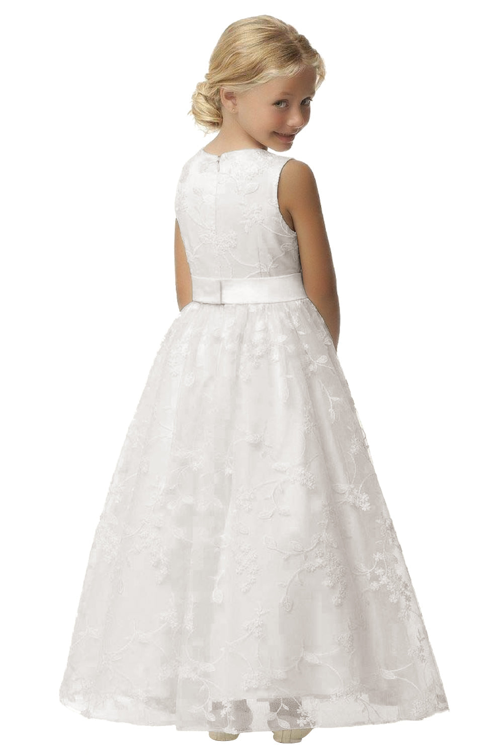 Cute A-line Jewel Sleeveless Floor Length Flower Girl Dress with Lace & Ribbons-BallBride