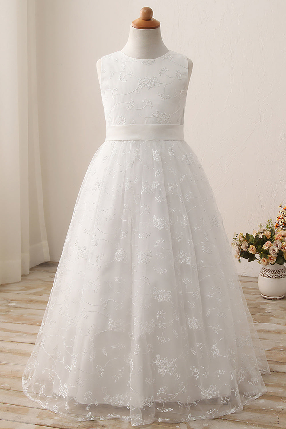 Cute A-line Jewel Sleeveless Floor Length Flower Girl Dress with Lace & Ribbons-BallBride