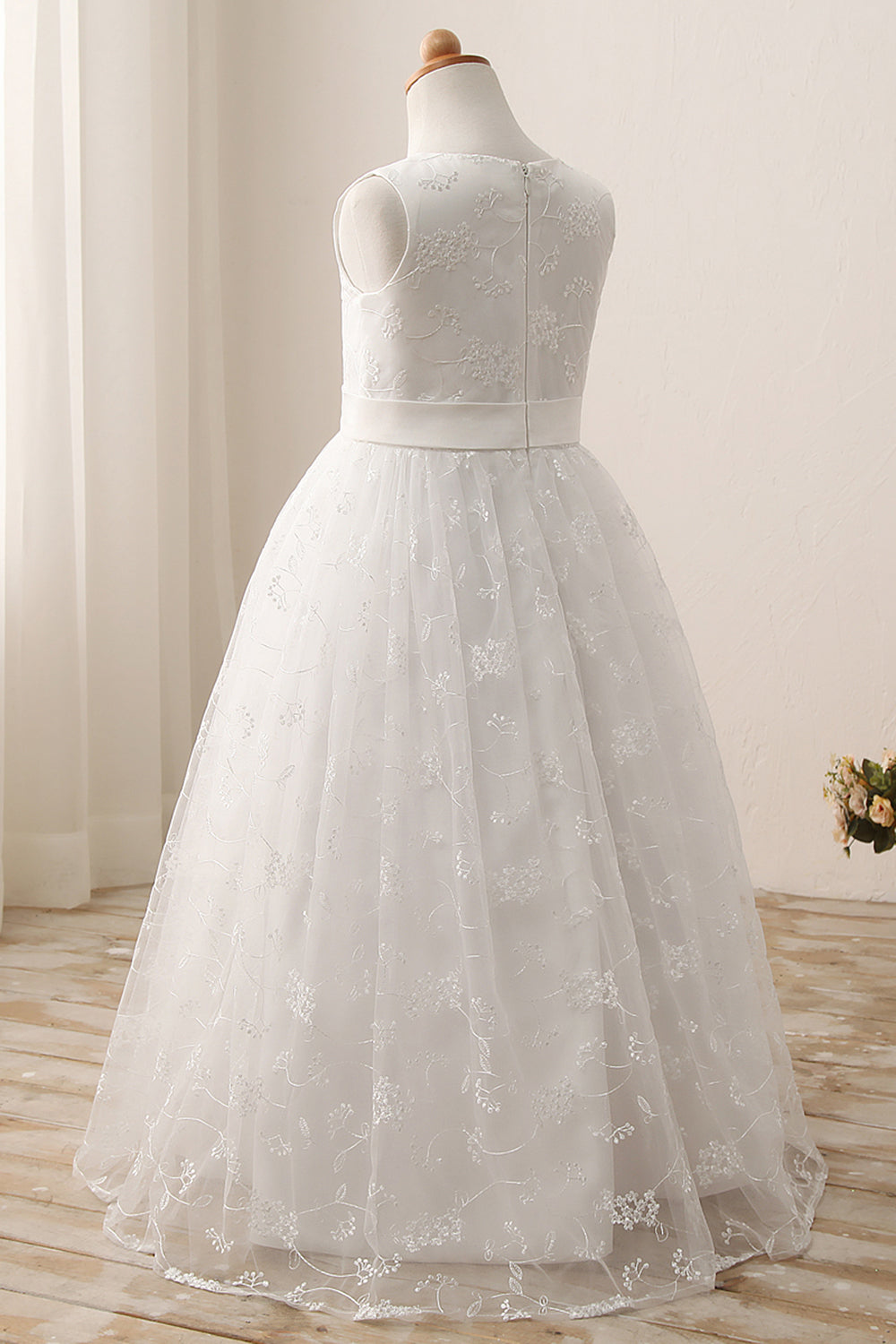 Cute A-line Jewel Sleeveless Floor Length Flower Girl Dress with Lace & Ribbons-BallBride