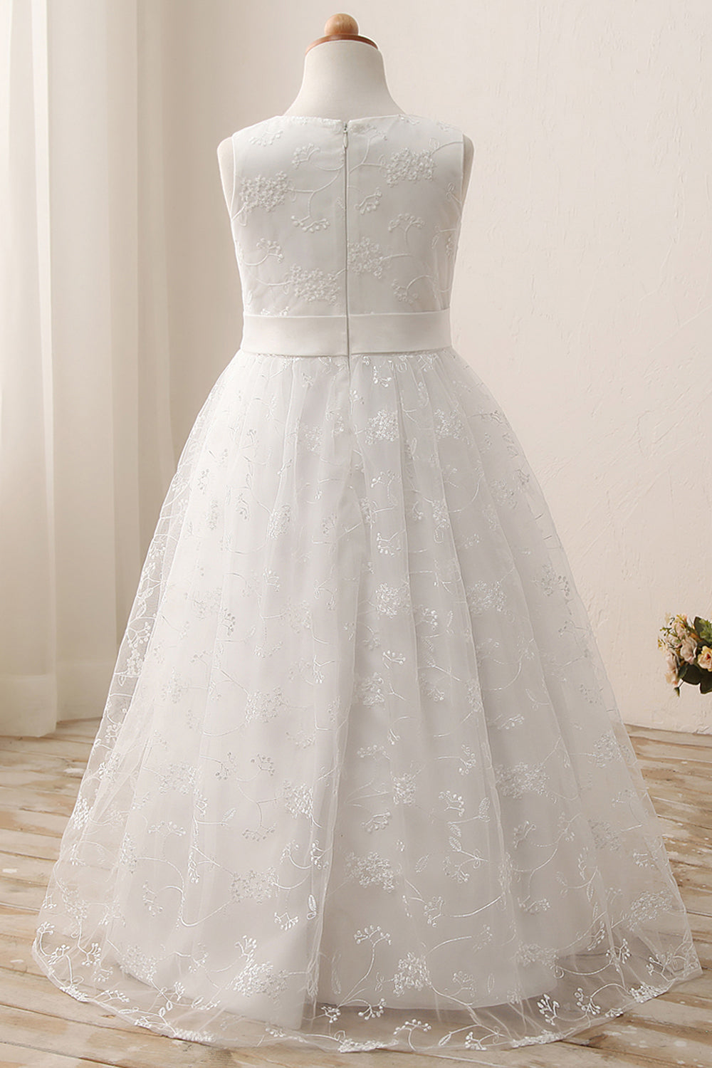 Cute A-line Jewel Sleeveless Floor Length Flower Girl Dress with Lace & Ribbons-BallBride