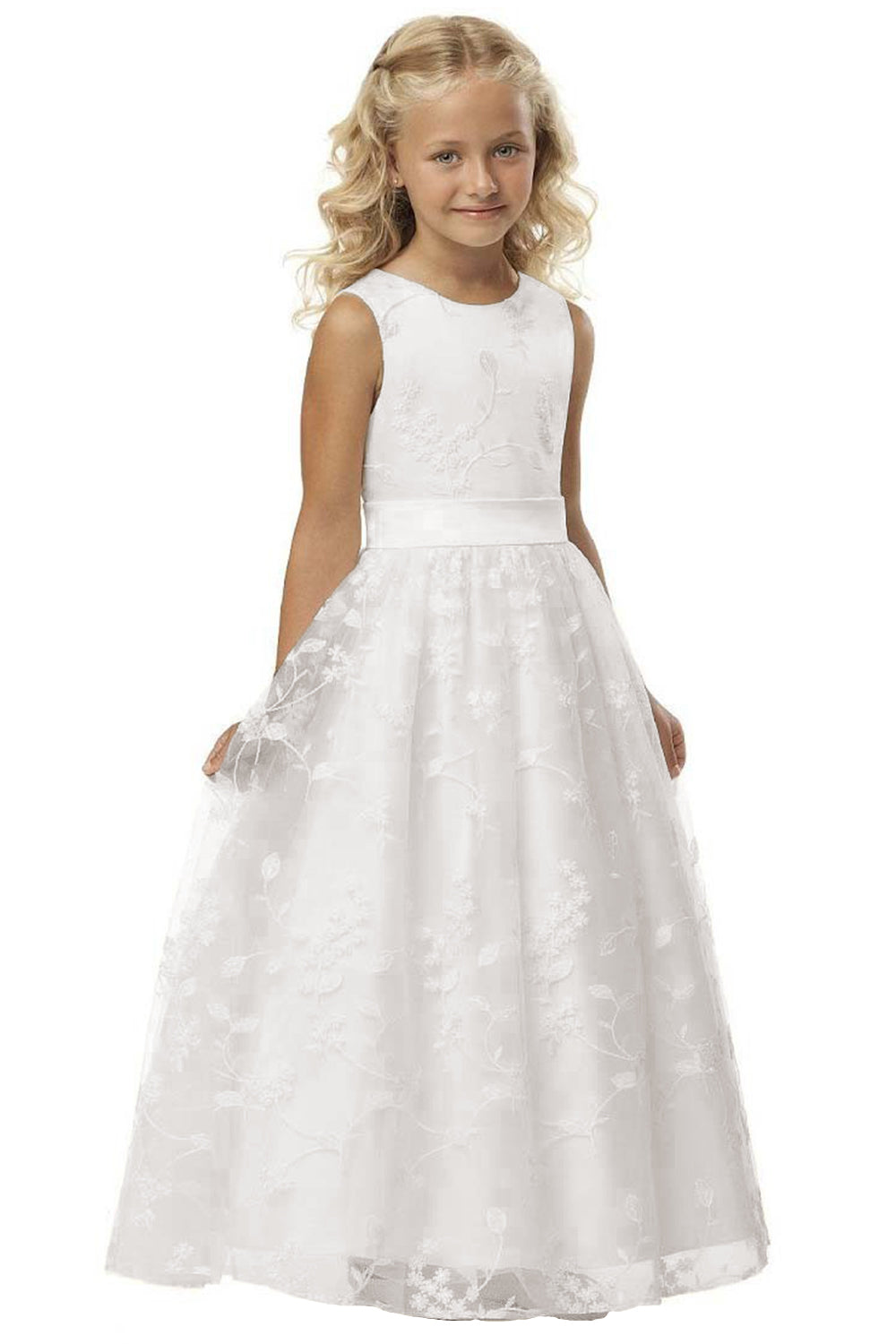 Cute A-line Jewel Sleeveless Floor Length Flower Girl Dress with Lace & Ribbons-BallBride