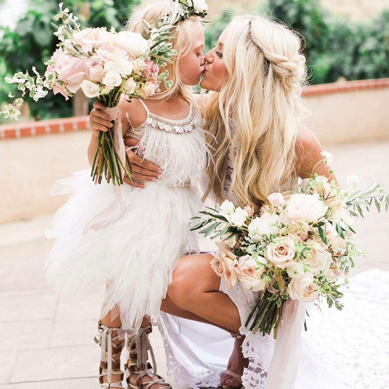 Cute A-line Spaghetti Straps Flower Girl Dress with Feathers-BallBride