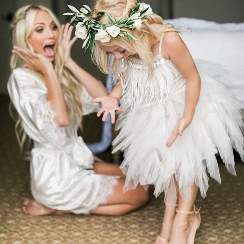 Cute A-line Spaghetti Straps Flower Girl Dress with Feathers-BallBride