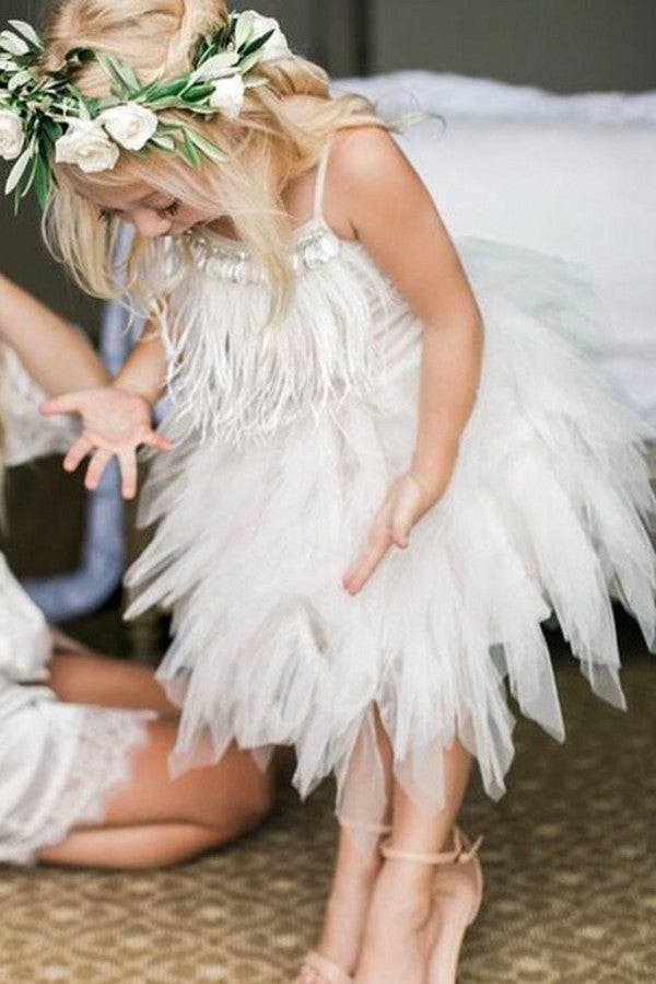 Cute A-line Spaghetti Straps Flower Girl Dress with Feathers-BallBride