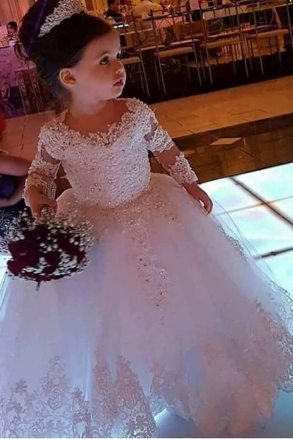 Cute Long Sleeve Ball Gown Flower Girl Dress with Lace Appliques-BallBride