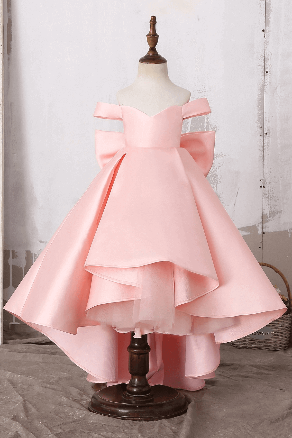Cute Off The Shoulder Sleeveless Ball Gown with Bow Ruffles Flower Girl Dress-BallBride