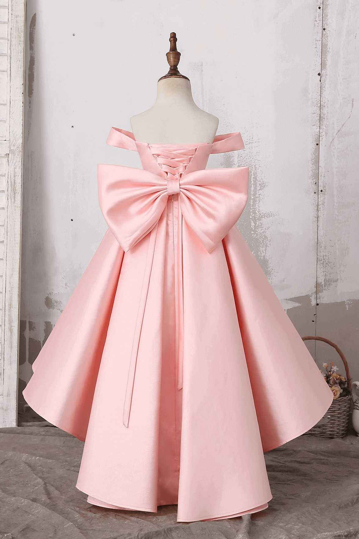 Cute Off The Shoulder Sleeveless Ball Gown with Bow Ruffles Flower Girl Dress-BallBride