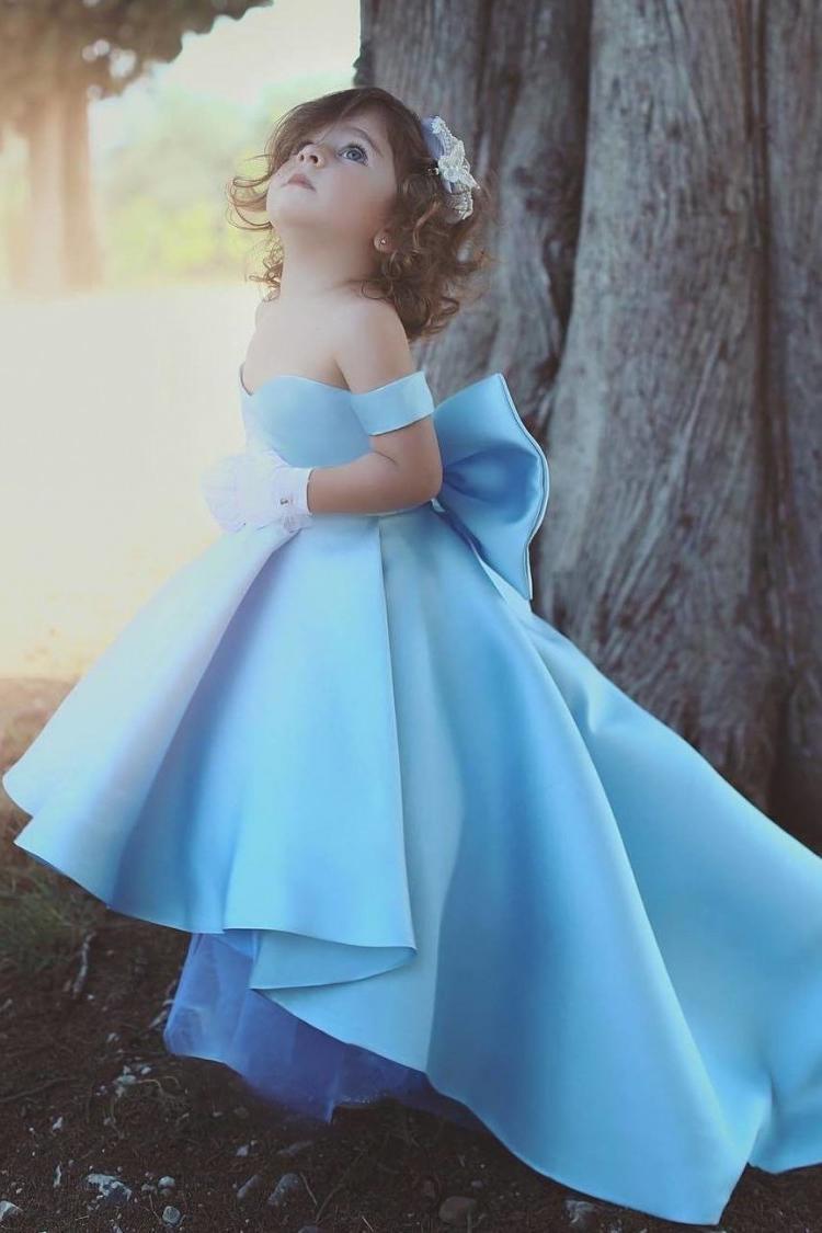 Cute Off The Shoulder Sleeveless Ball Gown with Bow Ruffles Flower Girl Dress-BallBride