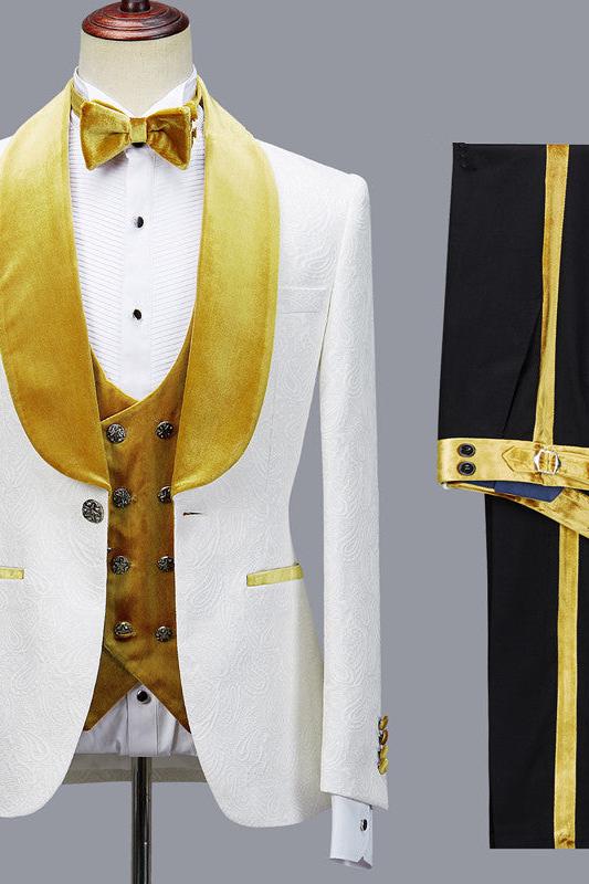 Cyrus 3-Piece White Wedding Suit with Velvet Lapel-BallBride