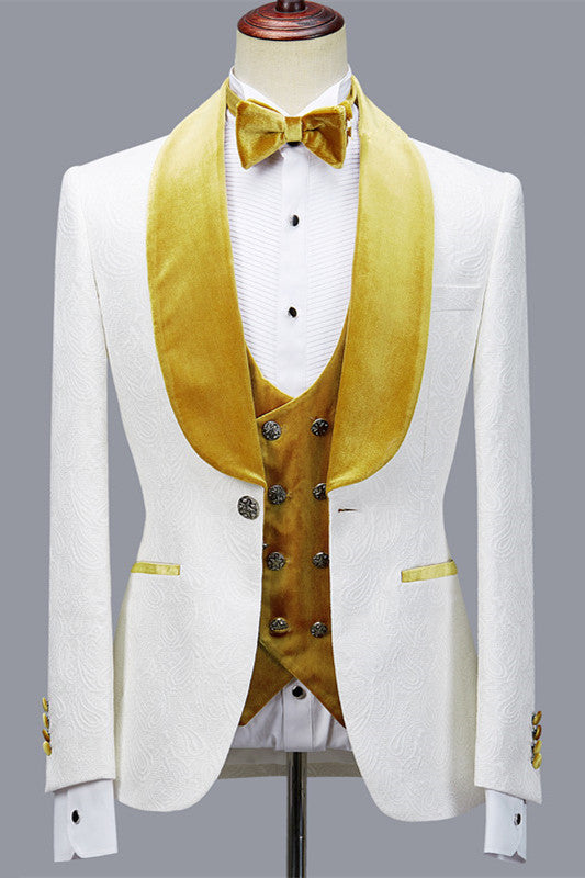 Cyrus 3-Piece White Wedding Suit with Velvet Lapel-BallBride