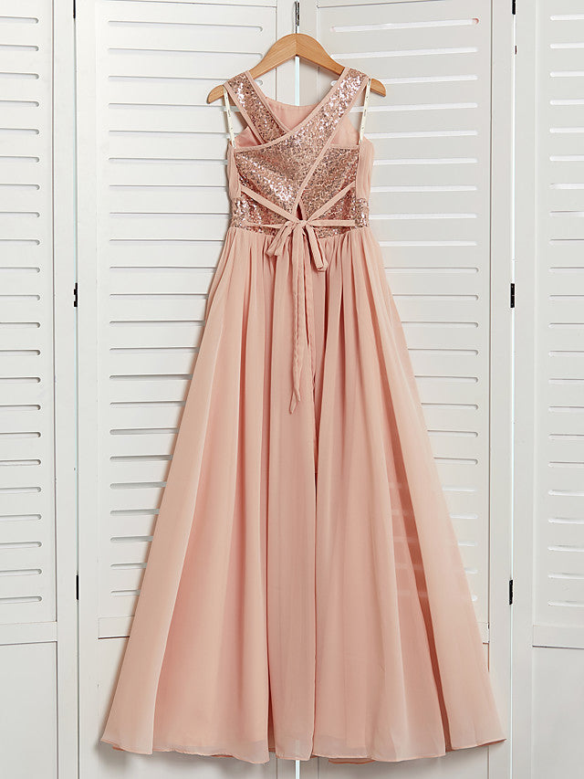 Daiada A-Line Jewel Neck Maxi Chiffon Flower Girl Dress With Lace Sash Ribbon-BallBride