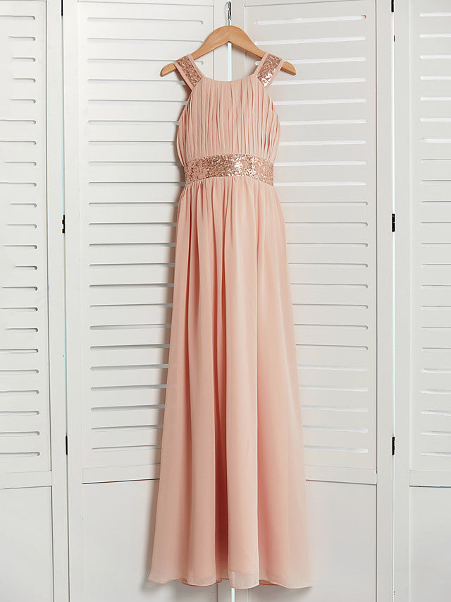 Daiada A-Line Jewel Neck Maxi Chiffon Flower Girl Dress With Lace Sash Ribbon-BallBride