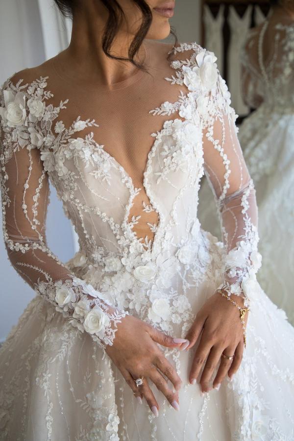 Daisad Gorgeous Long Sleeves A-line Sweetheart Open Back Wedding Dress With Tulle Lace-BallBride
