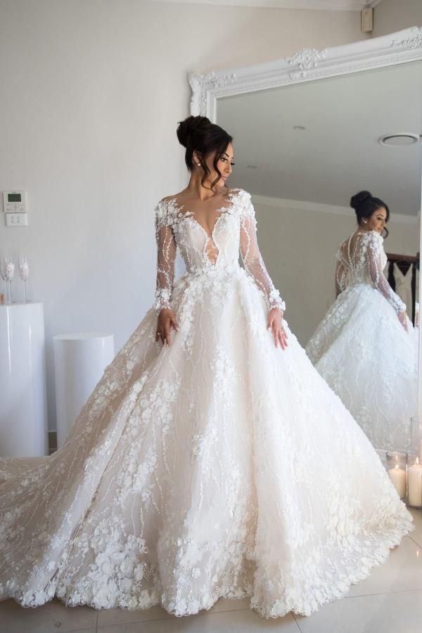 Daisad Gorgeous Long Sleeves A-line Sweetheart Open Back Wedding Dress With Tulle Lace-BallBride