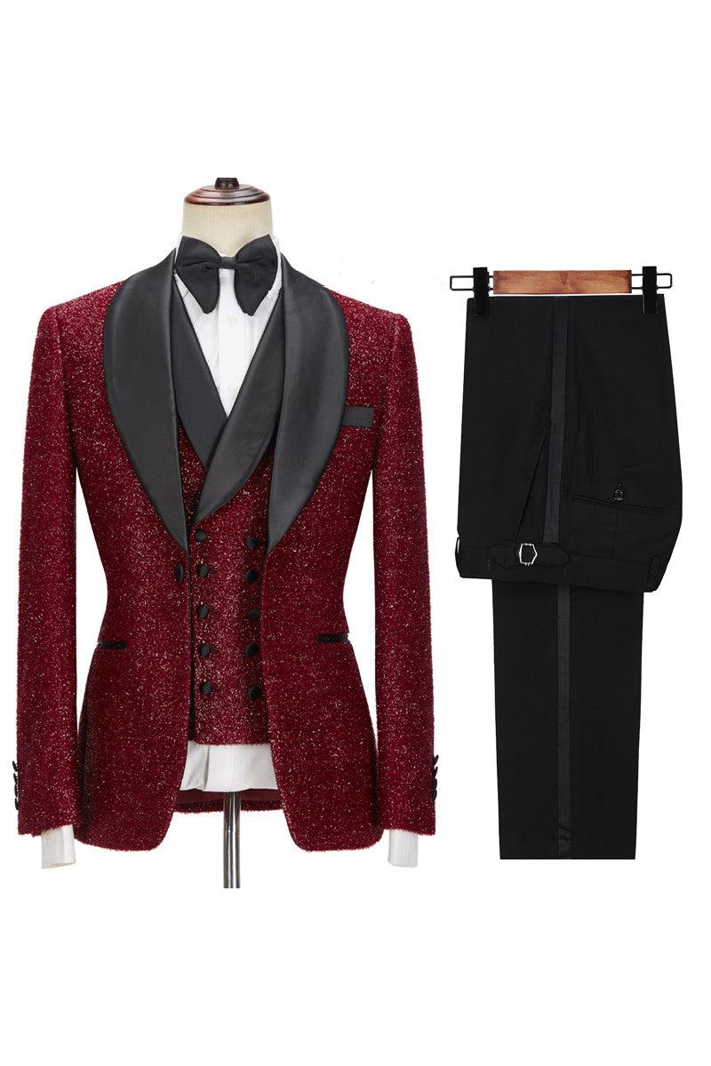 Damon Sparkle Red 3-Piece Wedding Suit with Black Shawl Lapel-BallBride