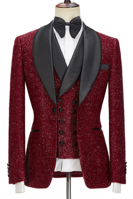 Damon Sparkle Red 3-Piece Wedding Suit with Black Shawl Lapel-BallBride