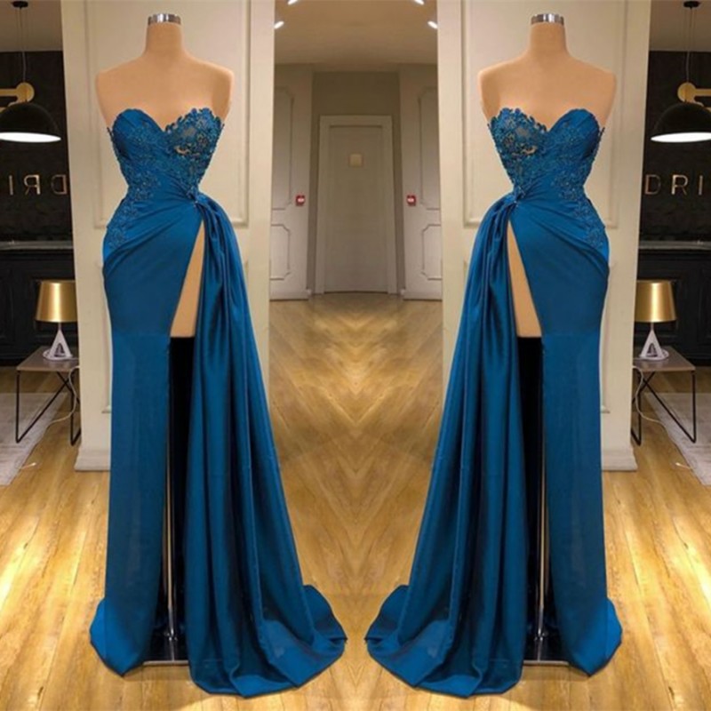 Dark Blue Sweetheart A-Line Side Slit Ruffles Fashion Prom Dress-BallBride