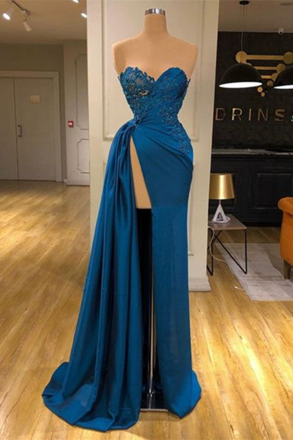 Dark Blue Sweetheart A-Line Side Slit Ruffles Fashion Prom Dress-BallBride